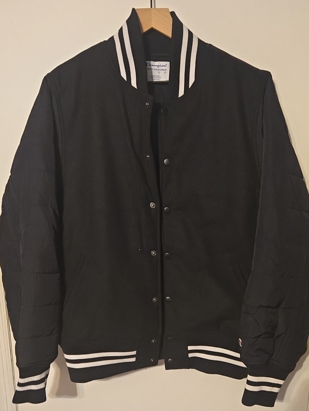 Champion Black Varsity Jacket with White Stripe Trim